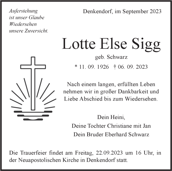 Traueranzeige von Lotte Else Sigg von Eßlinger Zeitung/Cannstatter Zeitung