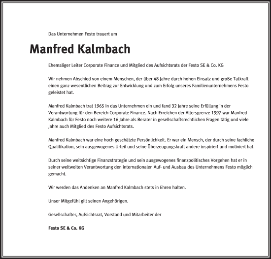 Traueranzeige von Manfred Kalmbach von Eßlinger Zeitung/Cannstatter Zeitung