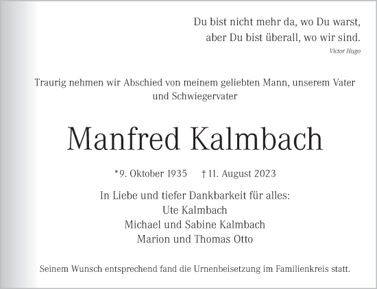 Traueranzeige von Manfred Kalmbach von Eßlinger Zeitung/Cannstatter Zeitung