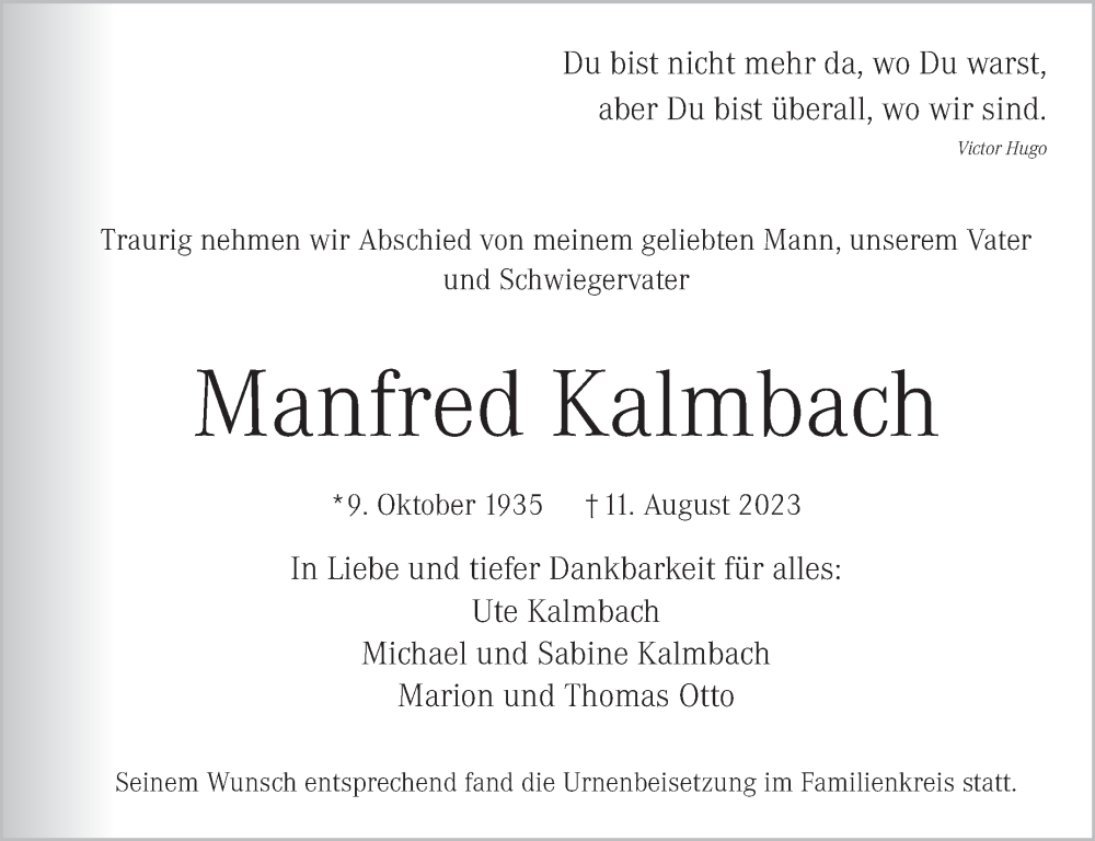  Traueranzeige für Manfred Kalmbach vom 01.09.2023 aus Eßlinger Zeitung/Cannstatter Zeitung