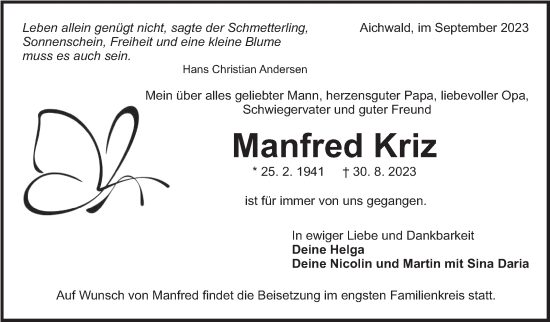 Traueranzeige von Manfred Kriz von Eßlinger Zeitung/Cannstatter Zeitung