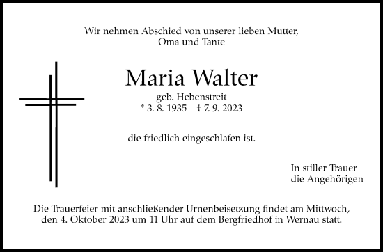 Traueranzeige von Maria Walter von Eßlinger Zeitung/Cannstatter Zeitung