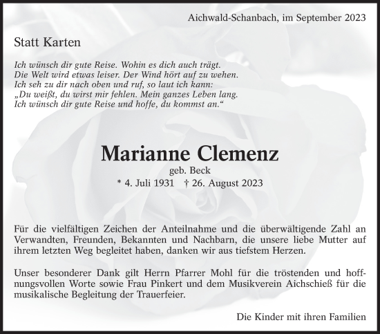 Traueranzeige von Marianne Clemenz von Eßlinger Zeitung/Cannstatter Zeitung