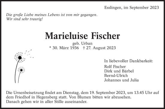 Traueranzeige von Marieluise Fischer von Eßlinger Zeitung/Cannstatter Zeitung