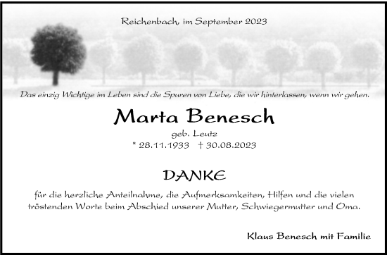 Traueranzeige von Marta Benesch von Eßlinger Zeitung/Cannstatter Zeitung