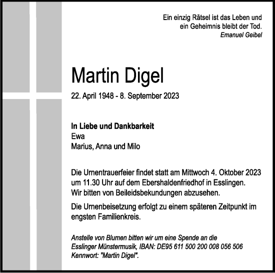 Traueranzeige von Martin Digel von Eßlinger Zeitung/Cannstatter Zeitung