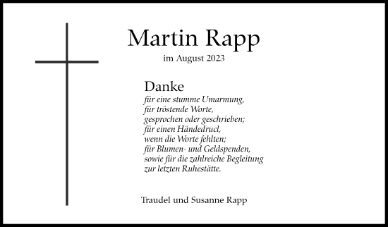 Traueranzeige von Martin Rapp von Eßlinger Zeitung/Cannstatter Zeitung
