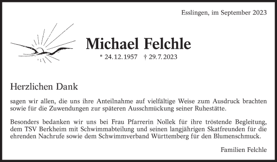 Traueranzeige von Michael Felchle von Eßlinger Zeitung/Cannstatter Zeitung