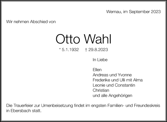 Traueranzeige von Otto Wahl von Eßlinger Zeitung/Cannstatter Zeitung