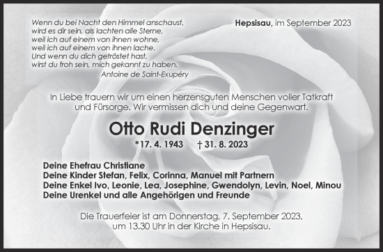 Traueranzeige von Otto Rudi Denzinger von Eßlinger Zeitung/Cannstatter Zeitung
