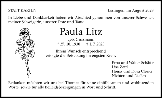 Traueranzeige von Paula Litz von Eßlinger Zeitung/Cannstatter Zeitung