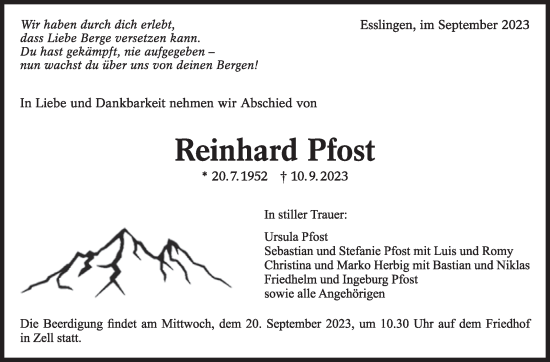 Traueranzeige von Reinhard Pfost von Eßlinger Zeitung/Cannstatter Zeitung