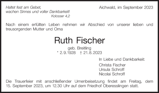 Traueranzeige von Ruth Fischer von Eßlinger Zeitung/Cannstatter Zeitung