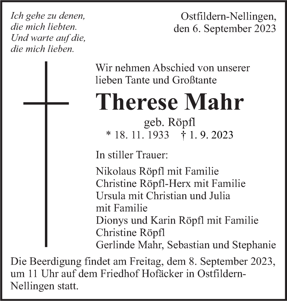  Traueranzeige für Therese Mahr vom 06.09.2023 aus Eßlinger Zeitung/Cannstatter Zeitung