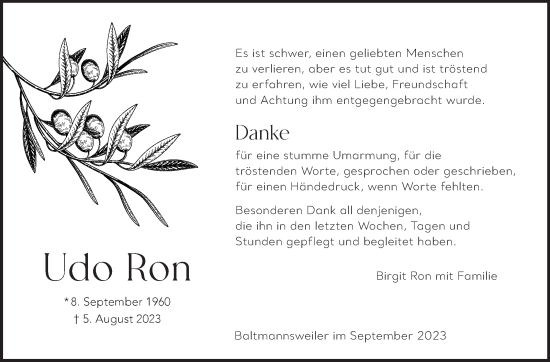 Traueranzeige von Udo Ron von Eßlinger Zeitung/Cannstatter Zeitung