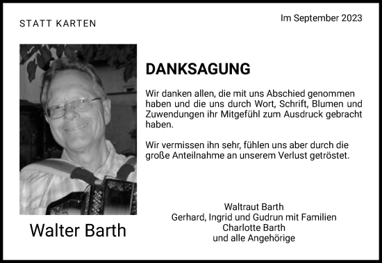 Traueranzeige von Walter Barth von Eßlinger Zeitung/Cannstatter Zeitung