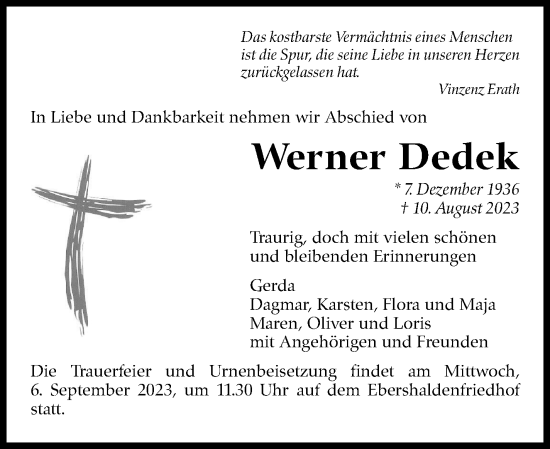 Traueranzeige von Werner Dedek von Eßlinger Zeitung/Cannstatter Zeitung