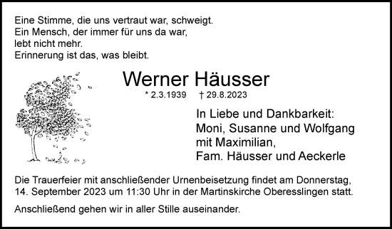 Traueranzeige von Werner Häusser von Eßlinger Zeitung/Cannstatter Zeitung
