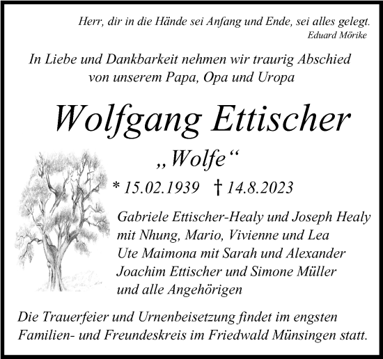 Traueranzeige von Wolfgang Ettischer von Eßlinger Zeitung/Cannstatter Zeitung