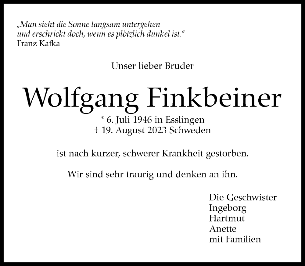  Traueranzeige für Wolfgang Finkbeiner vom 09.09.2023 aus Eßlinger Zeitung/Cannstatter Zeitung