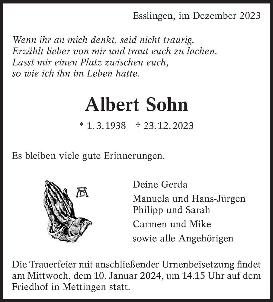  Traueranzeige für Albert Sohn vom 30.12.2023 aus Eßlinger Zeitung/Cannstatter Zeitung