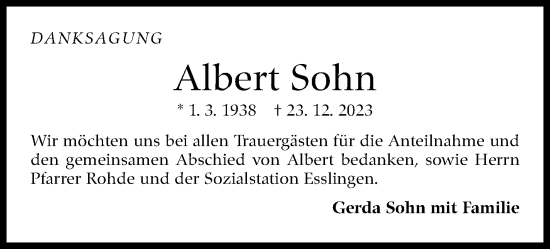 Traueranzeige von Albert Sohn von Eßlinger Zeitung/Cannstatter Zeitung