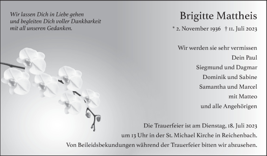 Traueranzeige von Brigitte Mattheis von Eßlinger Zeitung/Cannstatter Zeitung