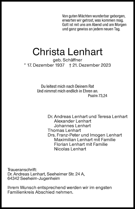 Traueranzeige von Christa Lenhart von Eßlinger Zeitung/Cannstatter Zeitung