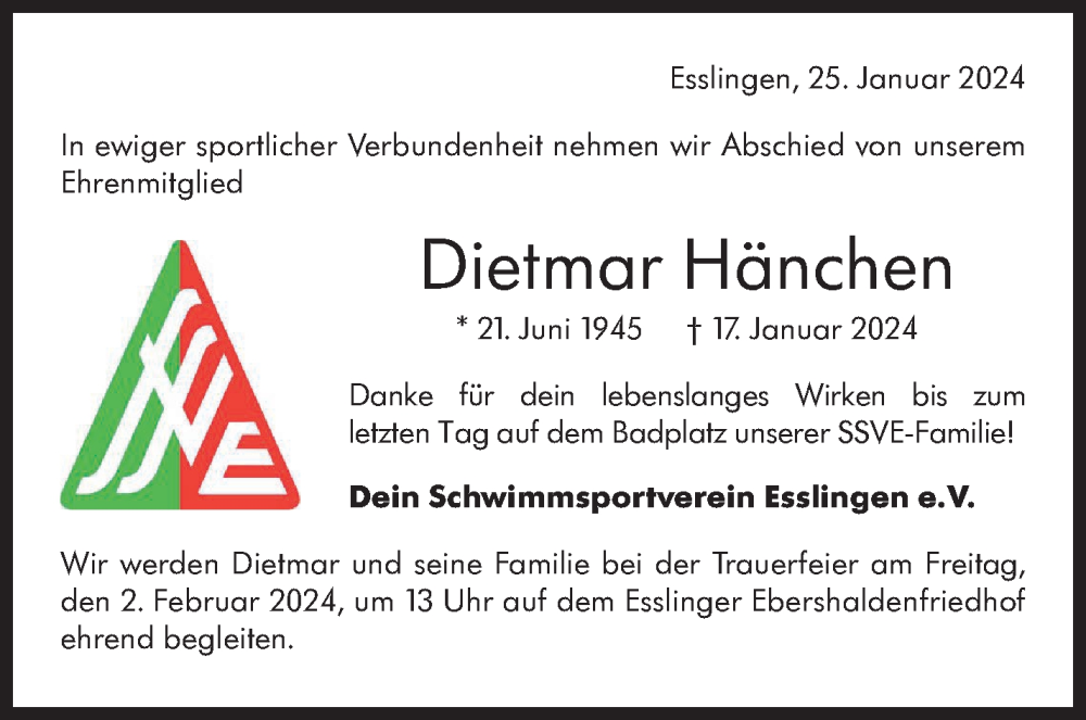  Traueranzeige für Dietmar Hänchen vom 25.01.2024 aus Eßlinger Zeitung/Cannstatter Zeitung