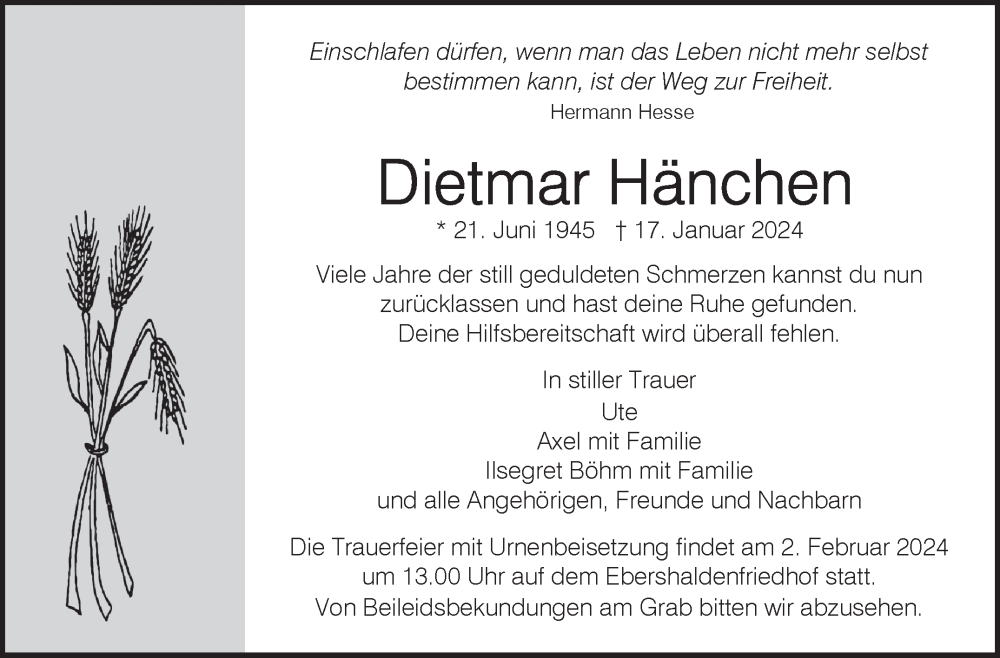  Traueranzeige für Dietmar Hänchen vom 25.01.2024 aus Eßlinger Zeitung/Cannstatter Zeitung