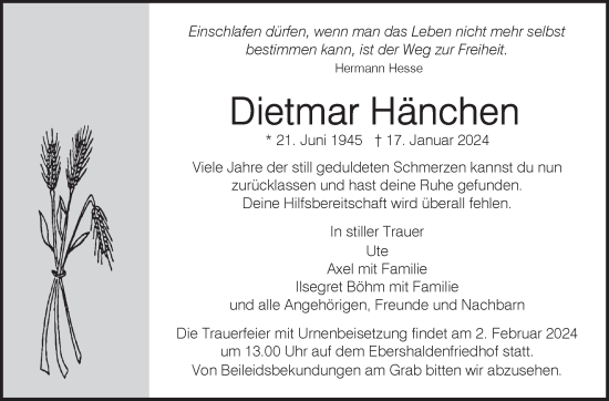 Traueranzeige von Dietmar Hänchen von Eßlinger Zeitung/Cannstatter Zeitung