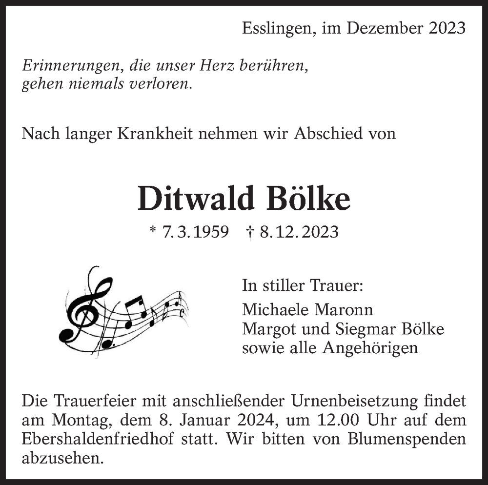  Traueranzeige für Ditwald Bölke vom 30.12.2023 aus Eßlinger Zeitung/Cannstatter Zeitung
