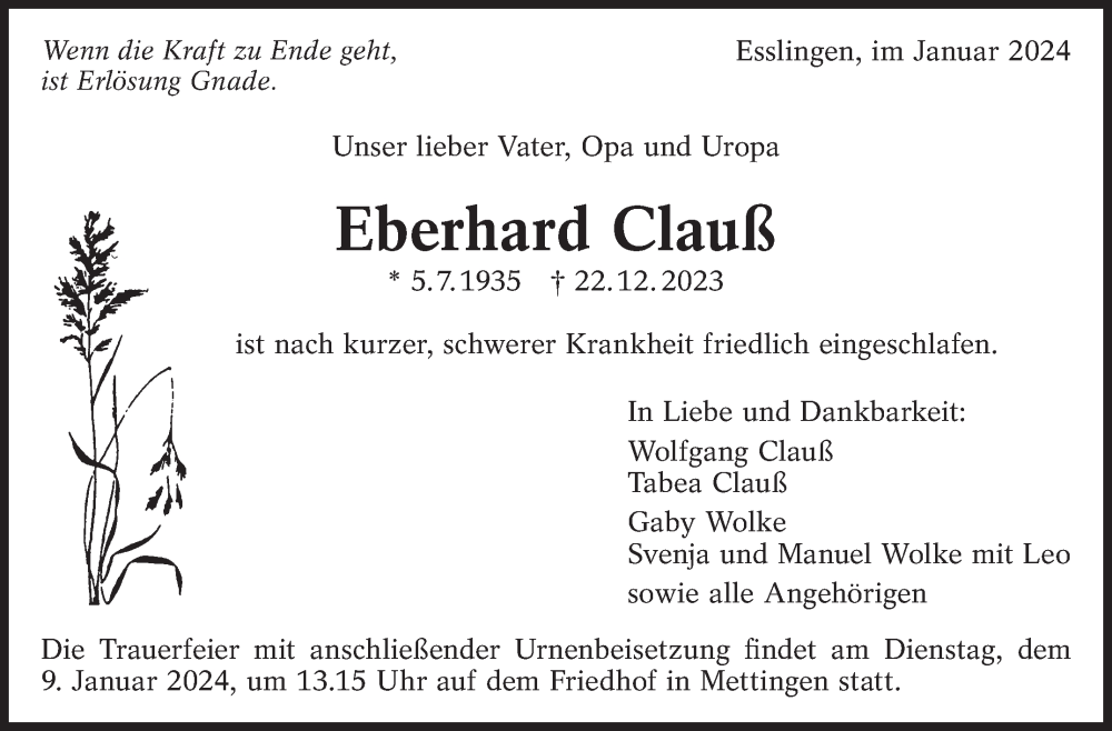  Traueranzeige für Eberhard Clauß vom 03.01.2024 aus Eßlinger Zeitung/Cannstatter Zeitung