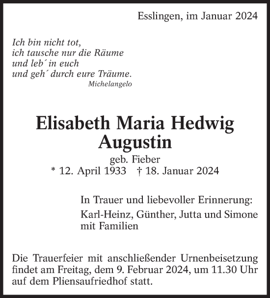 Traueranzeige von Elisabeth Maria Hedwig Augustin von Eßlinger Zeitung/Cannstatter Zeitung