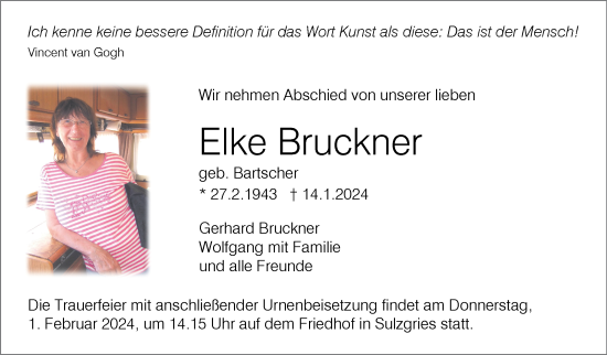 Traueranzeige von Elke Bruckner von Eßlinger Zeitung/Cannstatter Zeitung