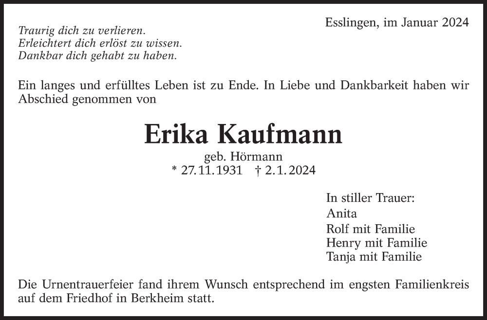  Traueranzeige für Erika Kaufmann vom 27.01.2024 aus Eßlinger Zeitung/Cannstatter Zeitung
