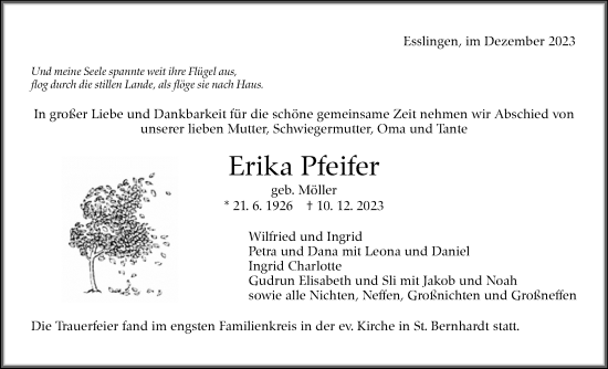 Traueranzeige von Erika Pfeifer von Eßlinger Zeitung/Cannstatter Zeitung