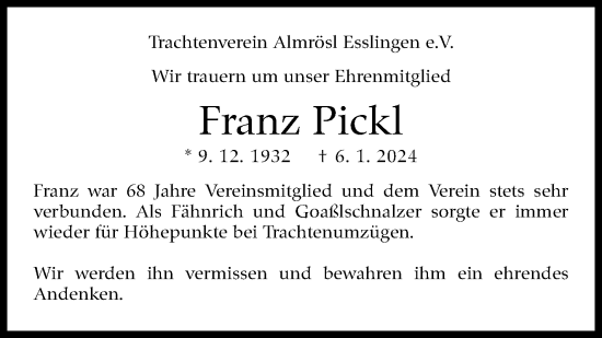 Traueranzeige von Franz Pickl von Eßlinger Zeitung/Cannstatter Zeitung