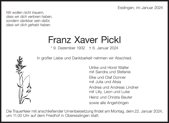 Traueranzeige von Franz Pickl von Eßlinger Zeitung/Cannstatter Zeitung