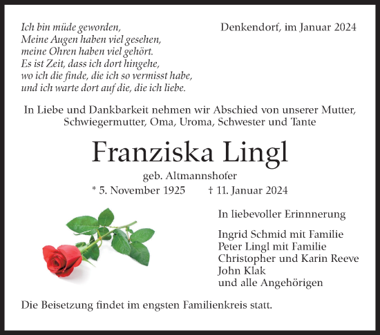 Traueranzeige von Franziska Lingl von Eßlinger Zeitung/Cannstatter Zeitung