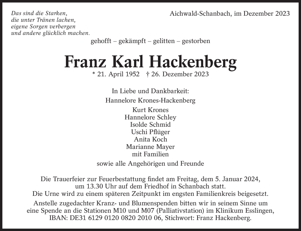  Traueranzeige für Franz Karl Hackenberg vom 30.12.2023 aus Eßlinger Zeitung/Cannstatter Zeitung