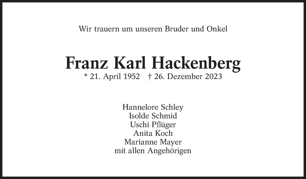 Traueranzeige für Franz Karl Hackenberg vom 30.12.2023 aus Eßlinger Zeitung/Cannstatter Zeitung