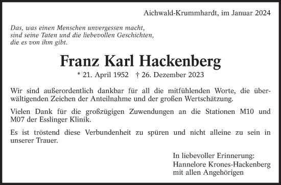 Traueranzeige von Franz Karl Hackenberg von Eßlinger Zeitung/Cannstatter Zeitung