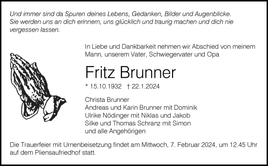 Traueranzeige von Fritz Brunner von Eßlinger Zeitung/Cannstatter Zeitung