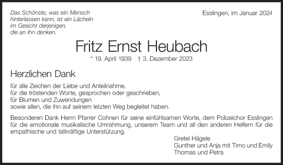 Traueranzeige von Fritz Ernst Heubach von Eßlinger Zeitung/Cannstatter Zeitung