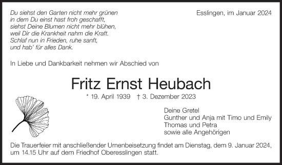 Traueranzeige von Fritz Ernst Heubach von Eßlinger Zeitung/Cannstatter Zeitung