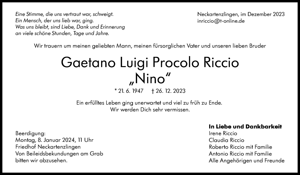  Traueranzeige für Gaetano Luigi Procolo Riccio vom 05.01.2024 aus Eßlinger Zeitung/Cannstatter Zeitung