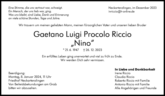 Traueranzeige von Gaetano Luigi Procolo Riccio von Eßlinger Zeitung/Cannstatter Zeitung