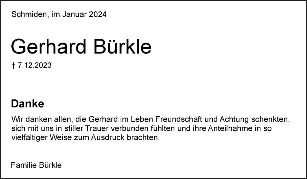  Traueranzeige für Gerhard Bürkle vom 11.01.2024 aus Eßlinger Zeitung/Cannstatter Zeitung