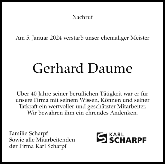 Traueranzeige von Gerhard Daume von Eßlinger Zeitung/Cannstatter Zeitung